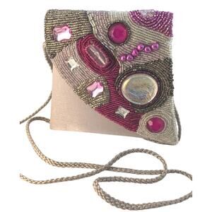 Vtge Nitebags Evening Purse Hand Beadedpink Grey Silver Shoulder Strap Or Clutch